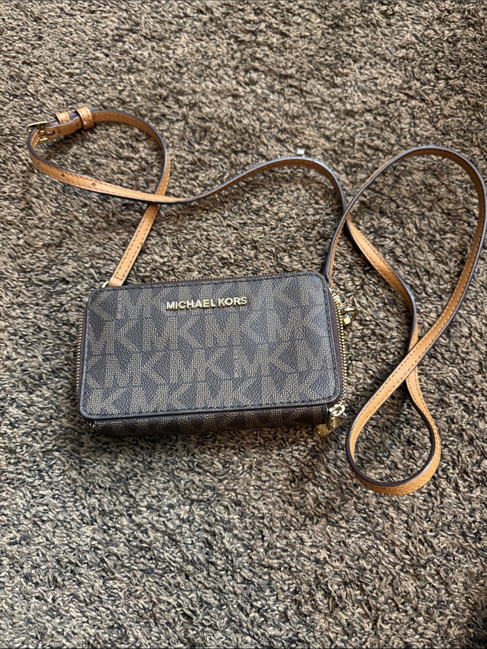 Michael Kors Dark Brown Logo Crossbody Wallet with Tan Strap
